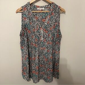 Rose & Olive Floral Button-Front Sleeveless Top - White, Peach & Teal